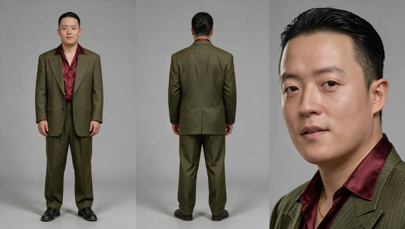 정면 전신, 후면 전신, 얼굴 클로즈업 세 칸으로 나뉜 캐릭터 시트. 세 칸 모두 같은 인물이 올리브색 핀스트라이프 정장과 버건디 셔츠를 입고 있다.