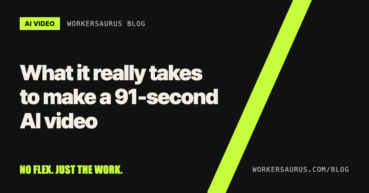Blog cover on a black background reading 'What it really takes to make a 91-second AI video' with the WORKERSAURUS mark