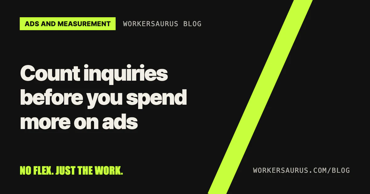 Blog cover on a black background reading 'Count inquiries before you spend more on ads' with the WORKERSAURUS mark